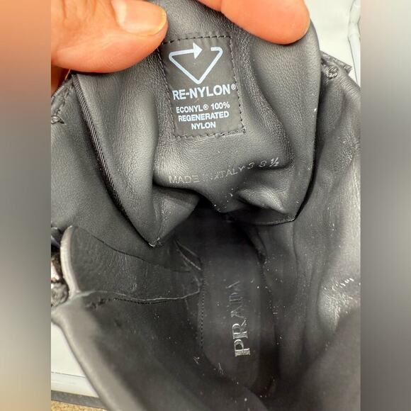 Prada Black Leather/ Re-Nylon Metal Triangle Logo 110mm Ankle Boots EU 38.5 - Picture 9 of 15